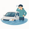 冠水した車の前で困っている人