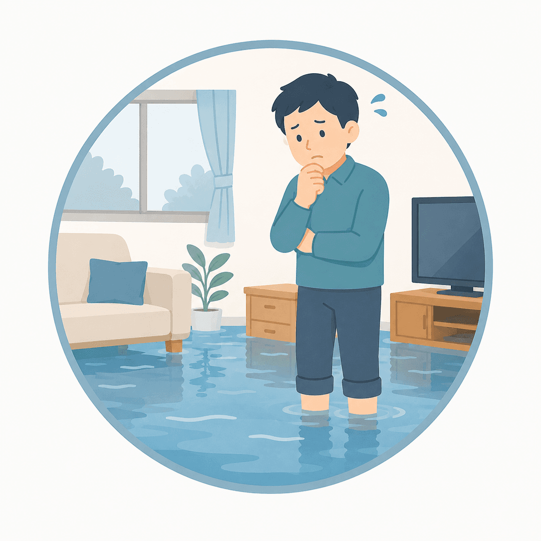 床上まで浸水した住宅のイメージイラスト